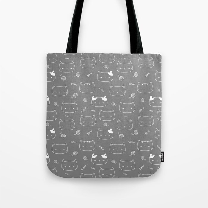 Grey and White Doodle Kitten Faces Pattern Tote Bag
