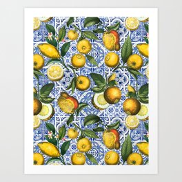 Portuguese Vintage Summer Tiles And Lemons Art Print