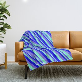 [ Thumbnail: Blue, Medium Slate Blue & Aquamarine Colored Pattern of Stripes Throw Blanket ]