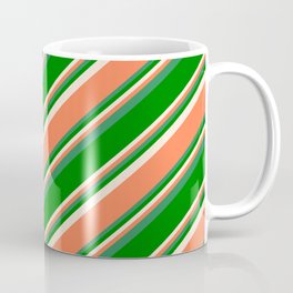 [ Thumbnail: Beige, Coral, Sea Green, and Green Colored Pattern of Stripes Coffee Mug ]