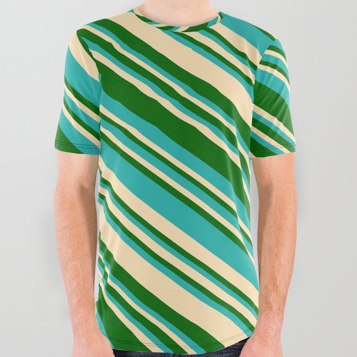 Light Sea Green, Beige, and Dark Green Colored Lined Pattern All Over Graphic Tee