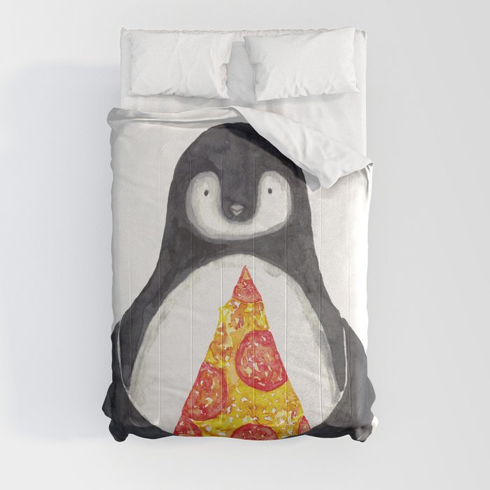 Penguin pizza watercolor painting Comforter