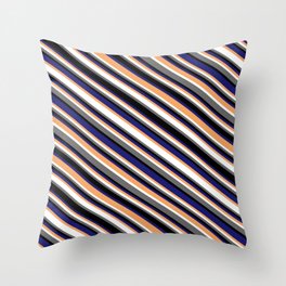 [ Thumbnail: Colorful Brown, White, Dim Gray, Black & Midnight Blue Colored Lines Pattern Throw Pillow ]