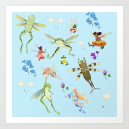 Faeries and flying frogs | light blue Art Print