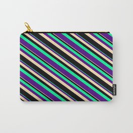 [ Thumbnail: Green, Indigo, Beige, and Black Colored Striped Pattern Carry-All Pouch ]
