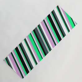 [ Thumbnail: Plum, Green, Black, Dark Slate Gray & White Colored Striped/Lined Pattern Yoga Mat ]