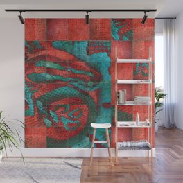 Abstract Red and Teal Snack on Leather Texture Wall Mural