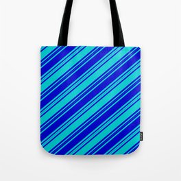 [ Thumbnail: Blue & Dark Turquoise Colored Stripes/Lines Pattern Tote Bag ]