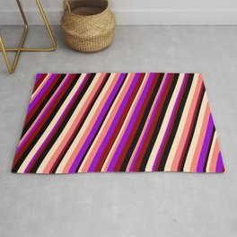 [ Thumbnail: Vibrant Dark Violet, Dark Red, Black, Bisque, and Salmon Colored Stripes Pattern Rug ]