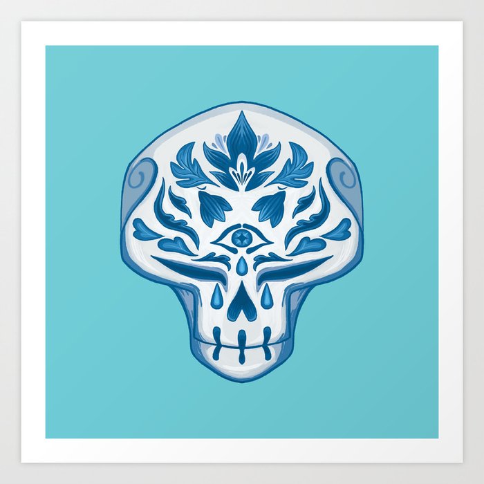 Blue Floral Skull Art Print