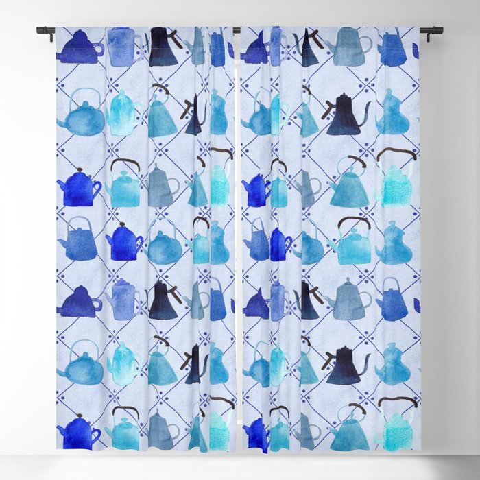 Blue Teapots Pattern Hand-painted in Watercolour/Blue Background Blackout Curtain
