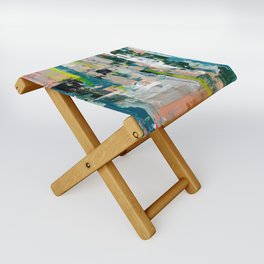 Imagine: A bright abstract painting in green, pink, and neon yellow by Alyssa Hamilton Art Folding Stool