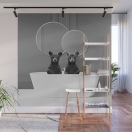 Baby black bears in the bathtub bathroom black and white photograph - photography Wall Mural