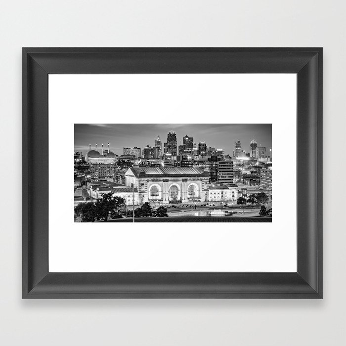 Downtown Panoramic City Skyline Of Kansas City Missouri In Black And White Framed Art Print