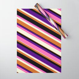 [ Thumbnail: Colorful Indigo, Hot Pink, Beige, Chocolate & Black Colored Lined Pattern Wrapping Paper ]