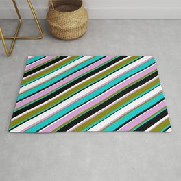 [ Thumbnail: Colorful Plum, Green, Dark Turquoise, Black, and White Colored Lined/Striped Pattern Rug ]