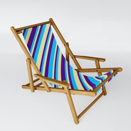 [ Thumbnail: Pale Goldenrod, Indigo & Deep Sky Blue Colored Stripes/Lines Pattern Sling Chair ]