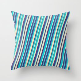 [ Thumbnail: Dark Turquoise, Tan, and Dark Slate Blue Colored Lines/Stripes Pattern Throw Pillow ]