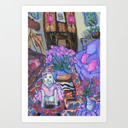 Henry Matisse inspired -Dog-Pink-Blue-White-Violet-Botanical-orchids-sofa-interior-colorful-pastel-indoor Art Print