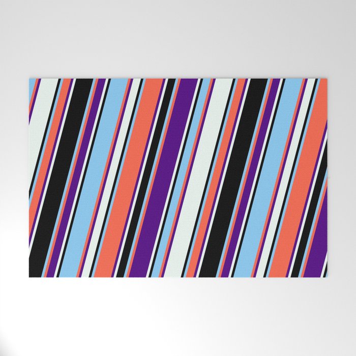 Eyecatching Red, Indigo, Mint Cream, Black, and Light Sky Blue Colored Pattern of Stripes Welcome Mat