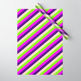 [ Thumbnail: Chartreuse, Fuchsia, Indigo & Bisque Colored Lined/Striped Pattern Wrapping Paper ]