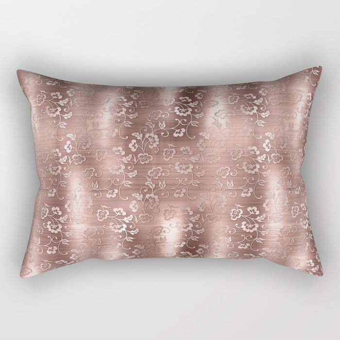 Rose Gold Floral Brushed Metal Texture Rectangular Pillow