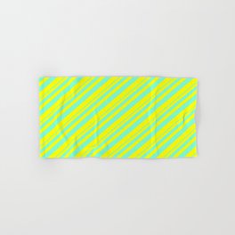 [ Thumbnail: Aquamarine and Yellow Colored Lined/Striped Pattern Hand & Bath Towel ]