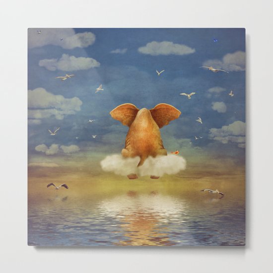 Sad elephant sitting on cloud in sky Metal Print