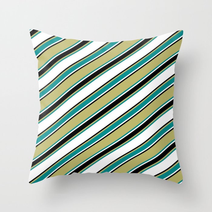 Dark Khaki, Dark Cyan, White & Black Colored Lined/Striped Pattern Throw Pillow