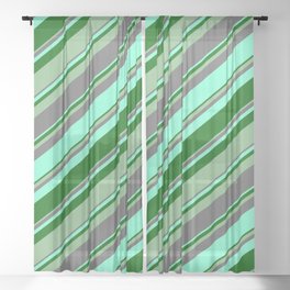 [ Thumbnail: Dim Gray, Aquamarine, Dark Green, and Dark Sea Green Colored Lines/Stripes Pattern Sheer Curtain ]