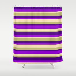 [ Thumbnail: Tan, Dark Khaki, Indigo, and Dark Violet Colored Lined Pattern Shower Curtain ]