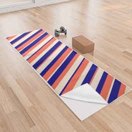 [ Thumbnail: Red, Blue & Beige Colored Striped Pattern Yoga Towel ]