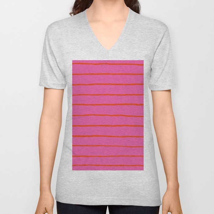 Bold Red Stripes on Tropical Pink V Neck T Shirt