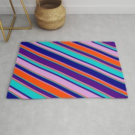 [ Thumbnail: Eyecatching Dark Turquoise, Blue, Indigo, Plum, and Red Colored Lined/Striped Pattern Rug ]