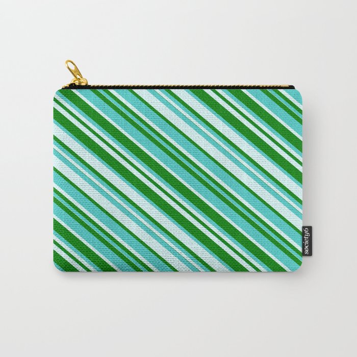 Green, Turquoise & Light Cyan Colored Lined/Striped Pattern Carry-All Pouch