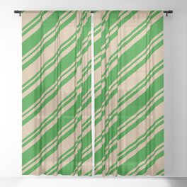 [ Thumbnail: Tan and Green Colored Lined Pattern Sheer Curtain ]