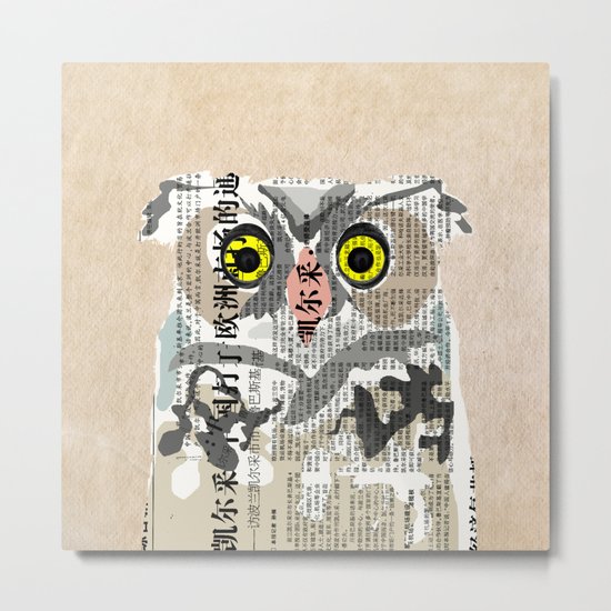 Owl Newspaper Collage Metal Print