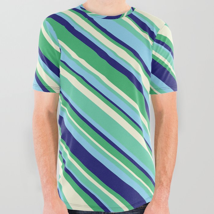 Eyecatching Aquamarine, Sky Blue, Midnight Blue, Sea Green & Beige Colored Striped/Lined Pattern All Over Graphic Tee