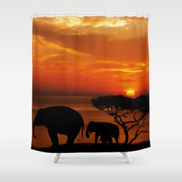 South Africa Photography - The Silhouette Of Elephants  In The Sunset Shower Curtain
