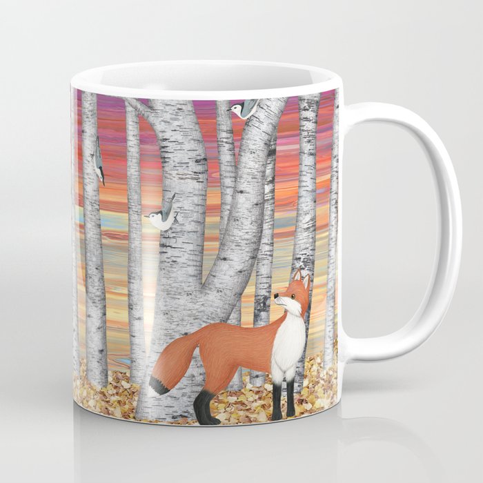 nuthatches and fox in the birch forest Coffee Mug