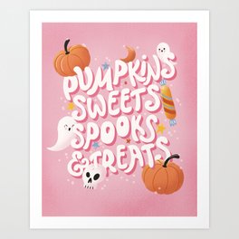 Happy Halloween illustration with hand lettering message and cute ghosts and pumpkins Art Print