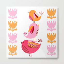 Happy Pink And Orange Birds And Blooms Metal Print | Bright, Cute, Floral, Scandanavian, Design, Pink, Happy, Blossoms, Danish, Painting 