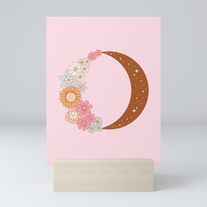 Floral Moon on Pink Mini Art Print