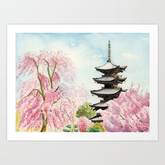 Japanese Temple Watercolor Painting Print By Suisai Genki To Ji