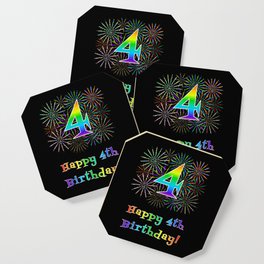 [ Thumbnail: 4th Birthday - Fun Rainbow Spectrum Gradient Pattern Text, Bursting Fireworks Inspired Background Coaster ]