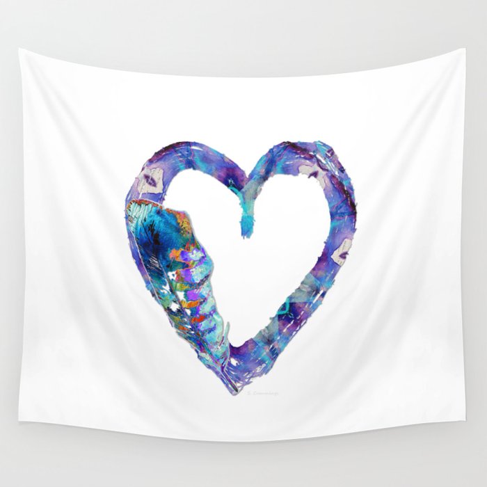 Blue Feather Love Heart Art by Sharon Cummings Wall Tapestry