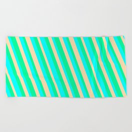 [ Thumbnail: Aqua, Tan, and Green Colored Striped/Lined Pattern Beach Towel ]