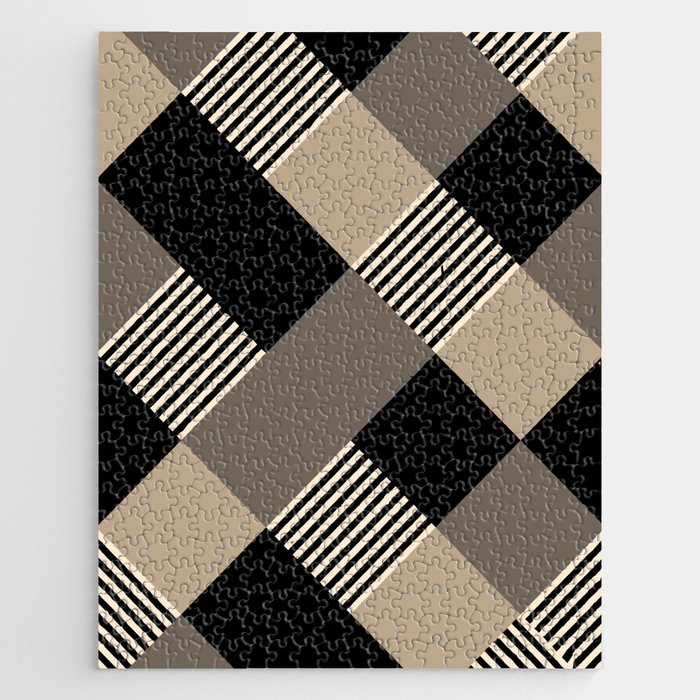 Diamond Plaid Stripes Harlequin Black Beige Brown Jigsaw Puzzle