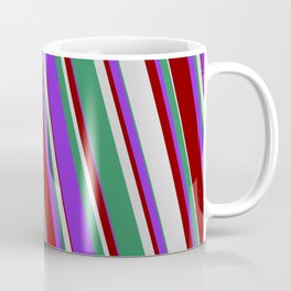 [ Thumbnail: Purple, Maroon, Light Gray, and Sea Green Colored Stripes Pattern Coffee Mug ]