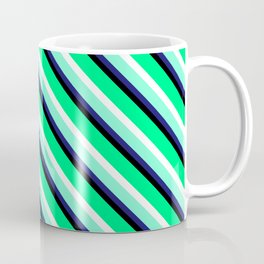 [ Thumbnail: Eyecatching Green, White, Aquamarine, Midnight Blue & Black Colored Stripes Pattern Coffee Mug ]